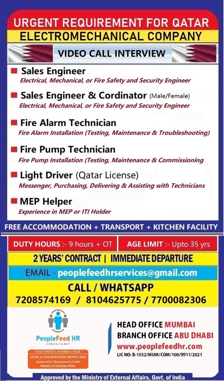 URGENT REQUIREMENT FOR REPUTED ELECTROMECHANICAL COMPANY ::-:: QATAR ::-:: VIDEO CALL INTERVIEW