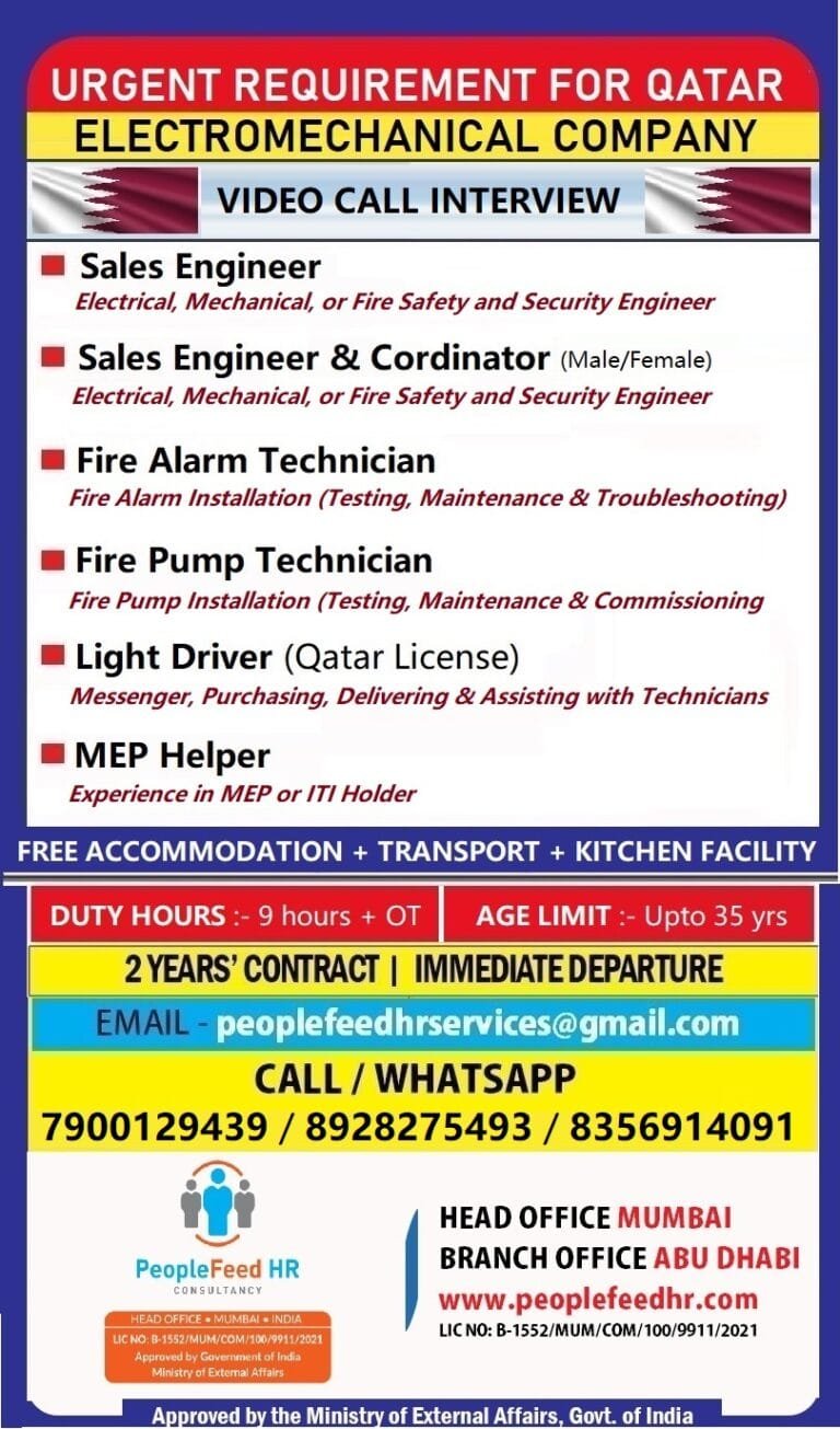 URGENT REQUIREMENT FOR REPUTED ELECTROMECHANICAL COMPANY ::-:: QATAR ::-:: VIDEO CALL INTERVIEW