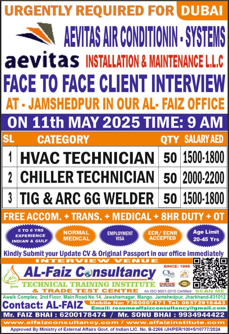 Urgent Requirement for DUBAI AEVITAS AIR CONDITIONING SYSTEMS INSTALLATION & MAINTENANCE L.L.C COMPANY – Client Interview At Jamshedpur on 11 MAY 2024