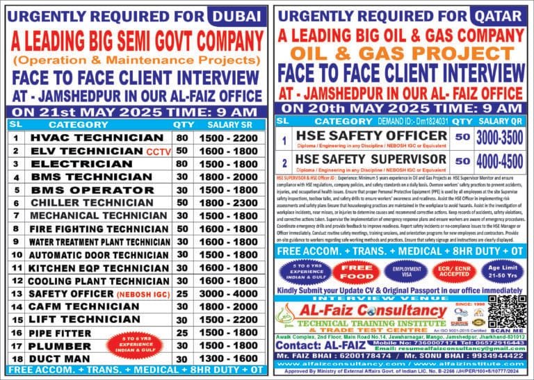 URGENTLY REQUIRED FOR DUBAI A LEADEING BIG COMPANY Final client interview on morning 20 / 21 MAY 2025 IN MY AL FAIZ OFFICE Interview Timing: 9 Am to 7 Pm