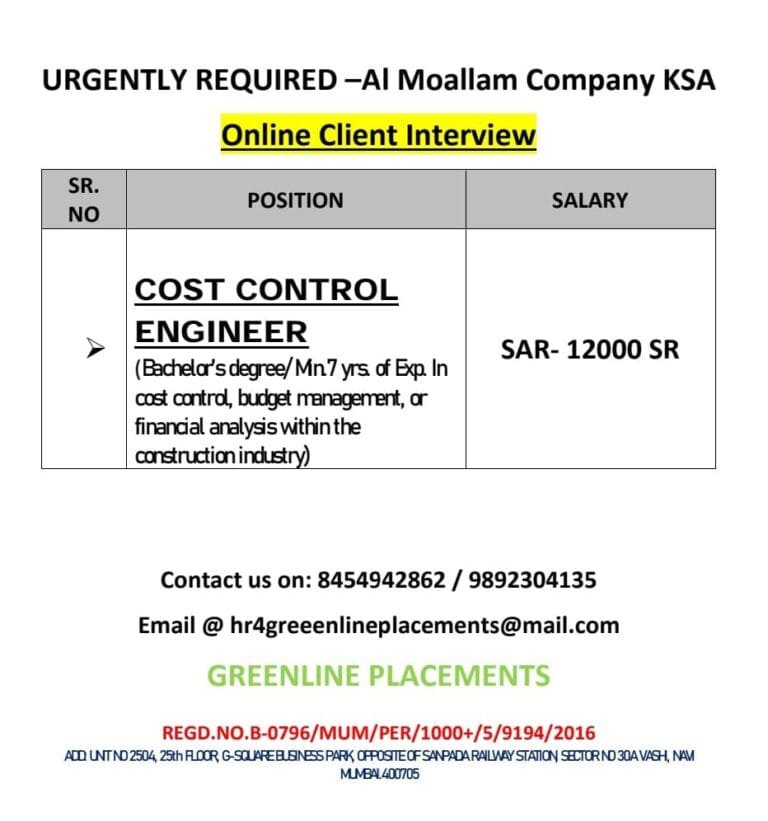 URGENTLY REQUIRED FOR REPUTED COMPANY KSA