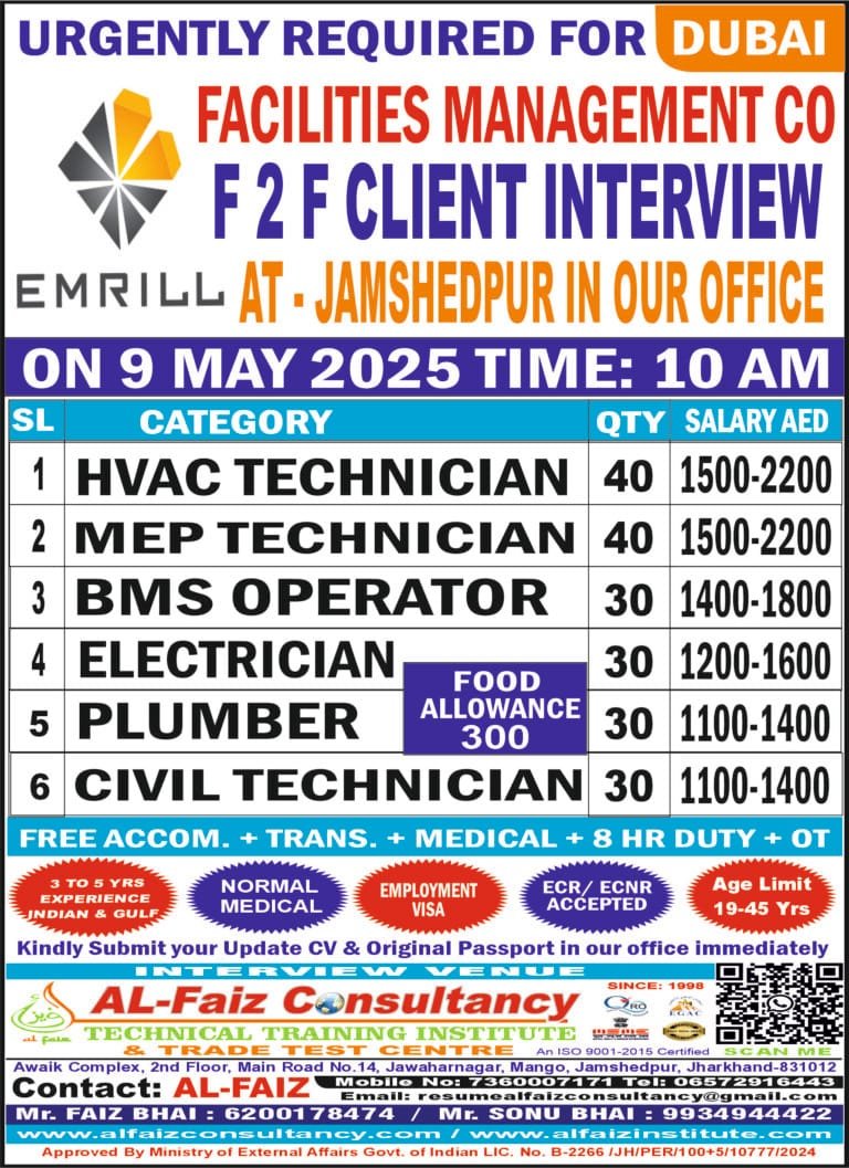 Urgent Requirement for DUBAI EMRILL COMPANY – Online Client Interview At Jamshedpur on 9 MAY 2024
