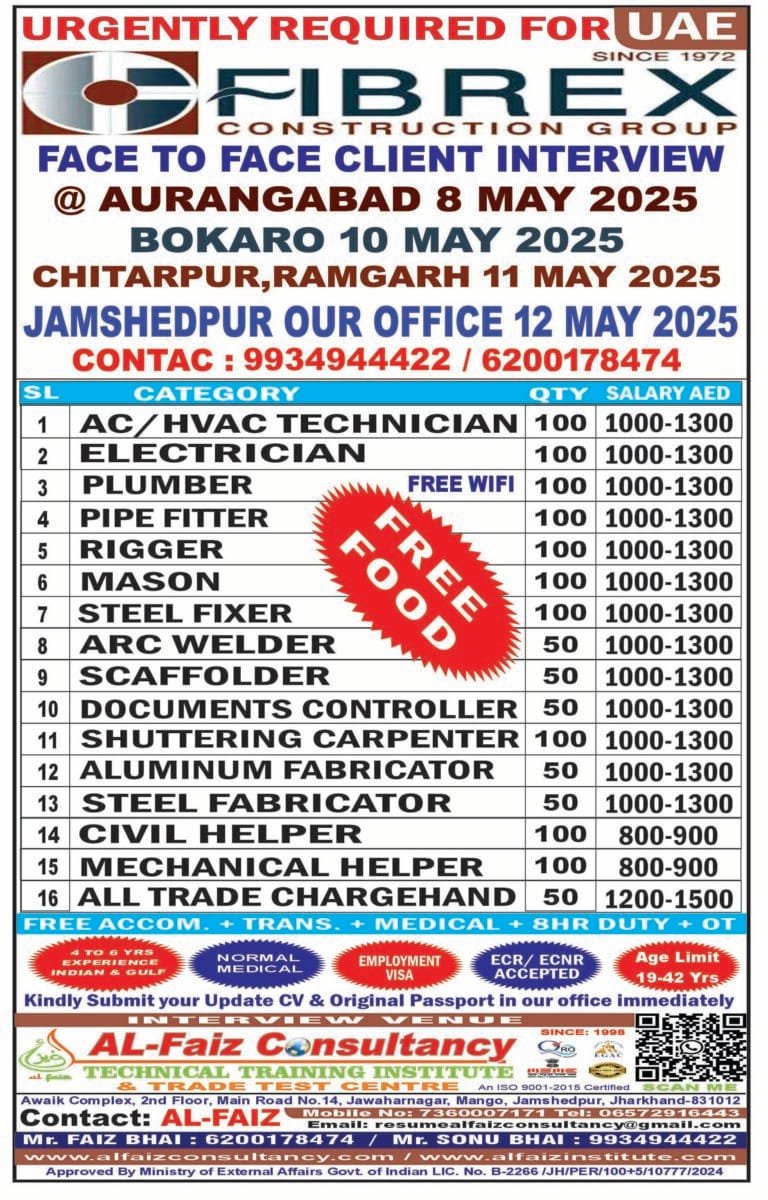 Urgent Requirement for ABUDHABI FIBREX COMPANY – Client Interview At Jamshedpur on 12 MAY 2024