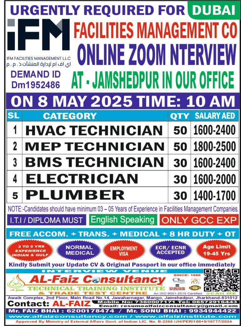 Urgent Requirement for DUBAI IFM COMPANY – Online Client Interview At Jamshedpur on 8 MAY 2024