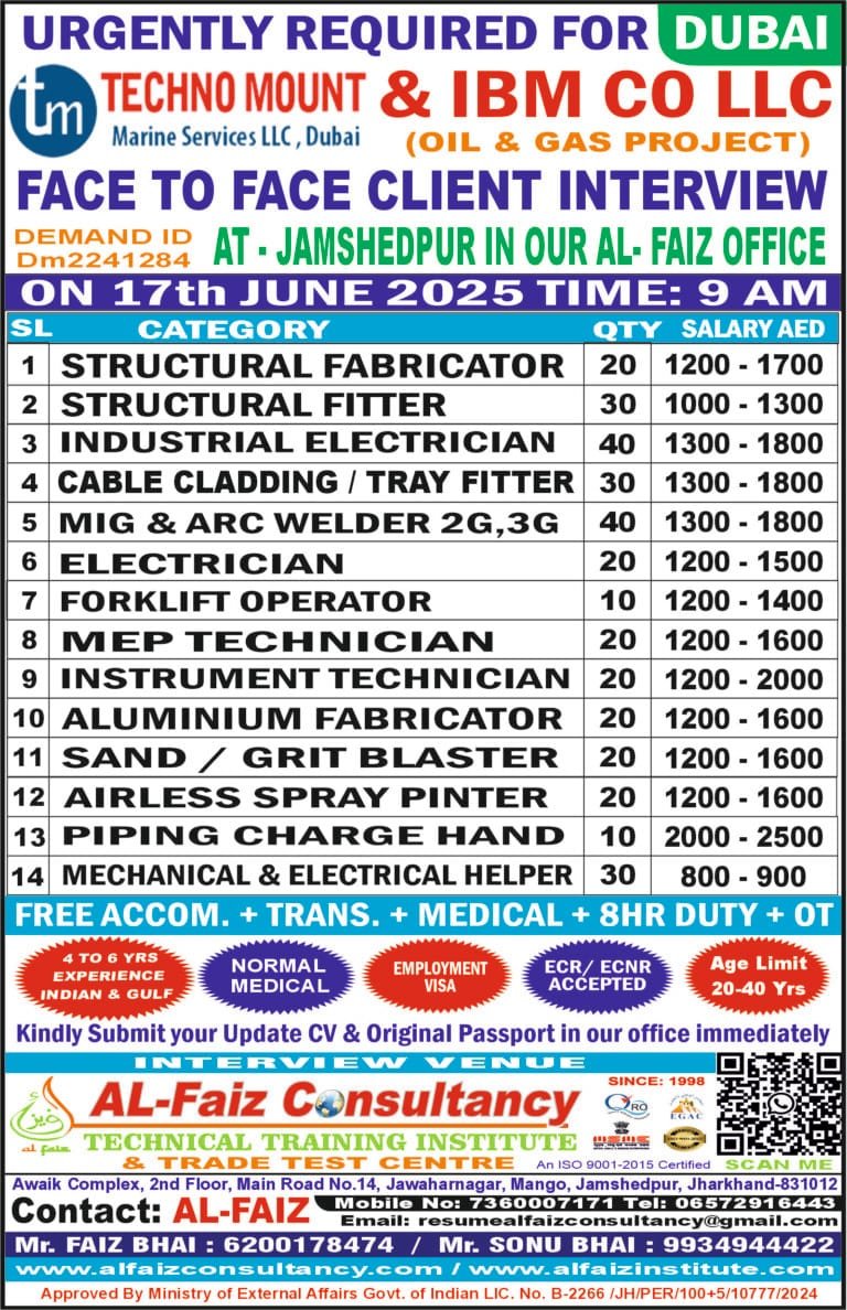 Urgent Requirement for DUBAI M/S IBM COMPANY – Client Interview At Jamshedpur on 17 JUNE 2025