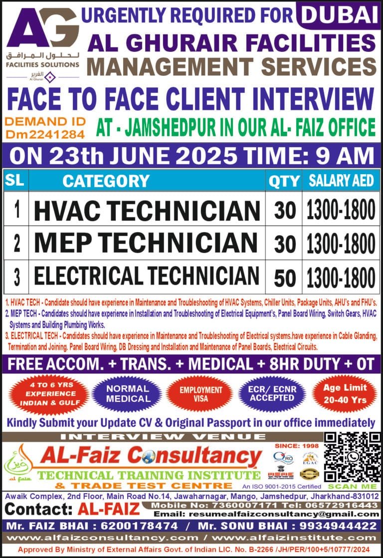 Urgent Requirement for DUBAI AL GHURAIR FACILITIES MANAGEMENT SERVICES COMPANY – Client Interview At Jamshedpur on 23 JUNE 2025