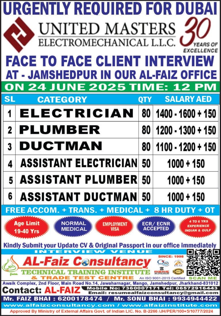 Urgent Requirement for DUBAI UNITED MASTERS COMPANY – Client Interview At Jamshedpur on 24 JUNE 2025