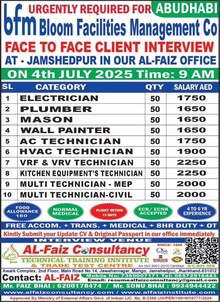 Urgent Requirement for ABUDHABI BLOOM FACILITIES MANAGEMENT SERVICES COMPANY – Client Interview At Jamshedpur on 4 JULY 2025