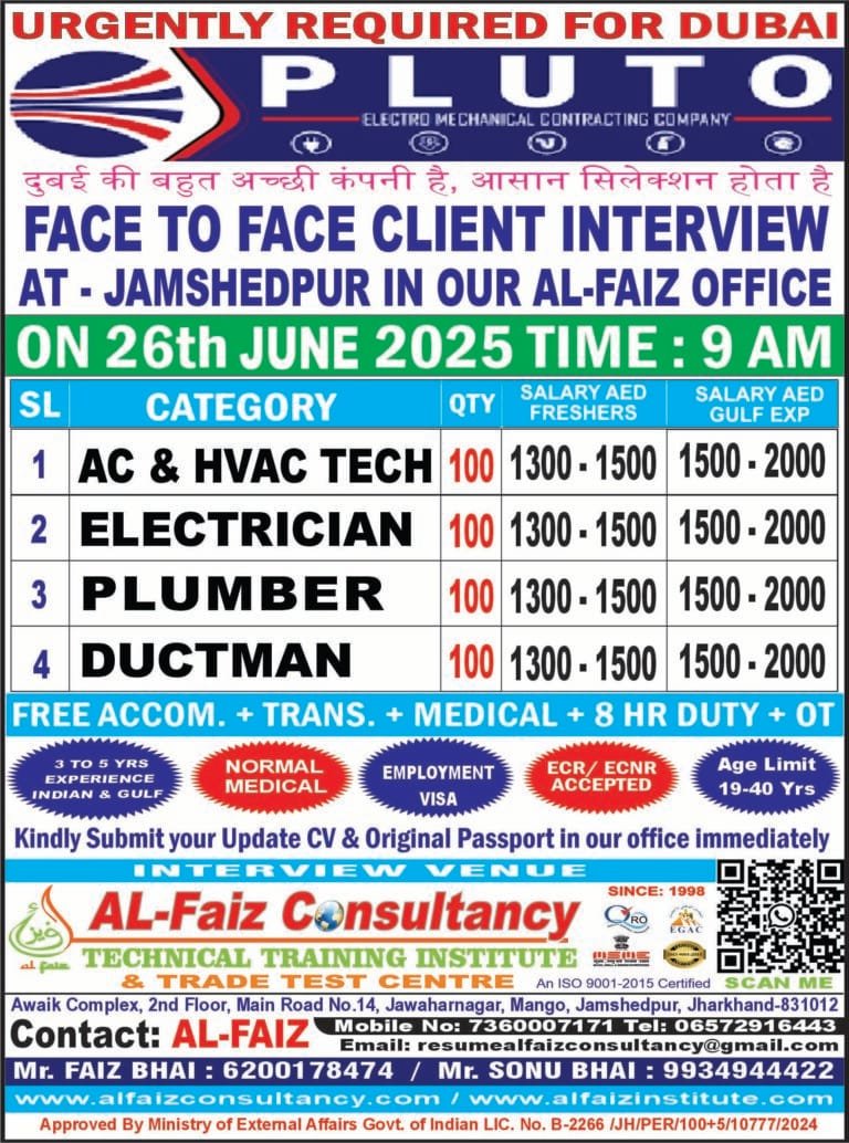 Urgent Requirement for DUBAI PLUTO COMPANY – Client Interview At Jamshedpur on 26 JUNE 2025