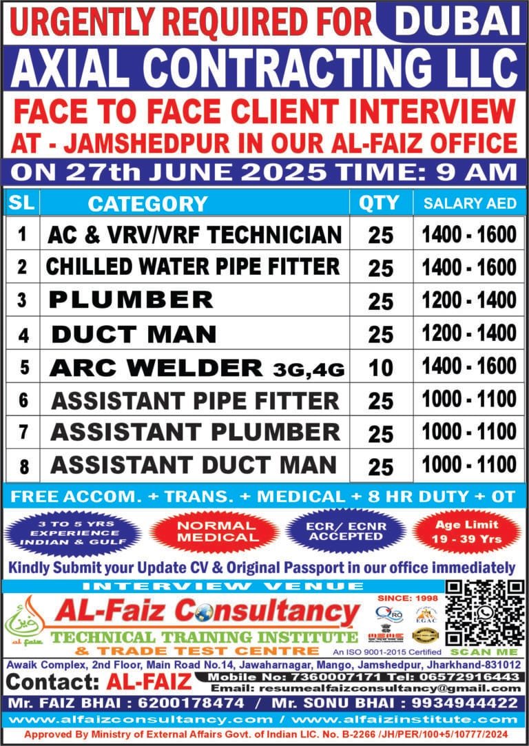 Urgent Requirement for DUBAI AXIAL COMPANY – Client Interview At Jamshedpur on 27 JUNE 2025