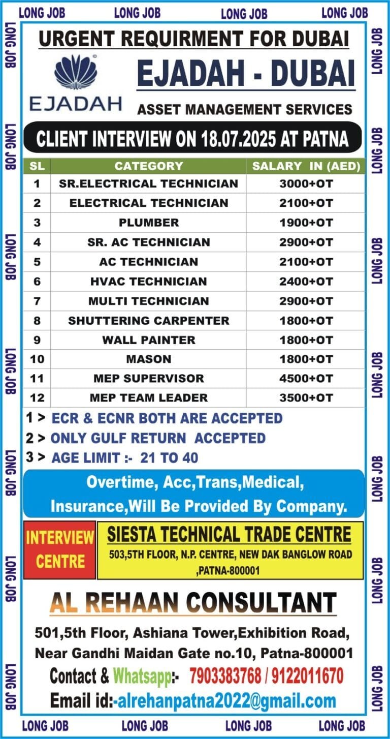 Urgent Requirement for EJADAH COMPANY DUBAI – Client Interview At PATNA on 18th JULY 2025