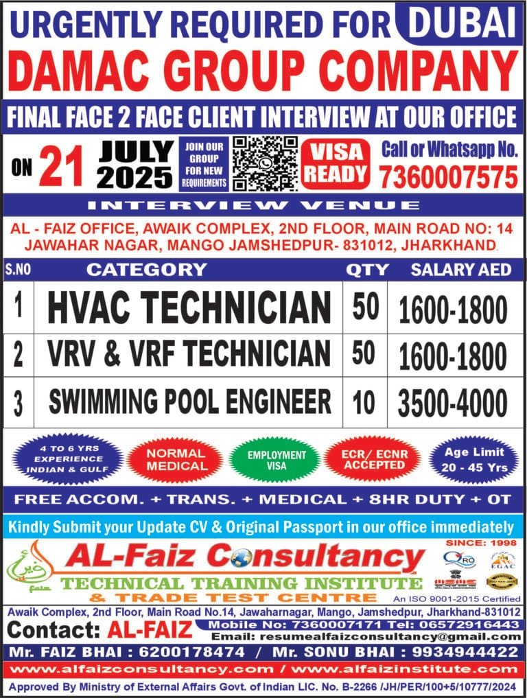 Urgent Requirement for DAMAC GROUP CO DUBAI – Client Interview At Jamshedpur on 21 JULY 2025