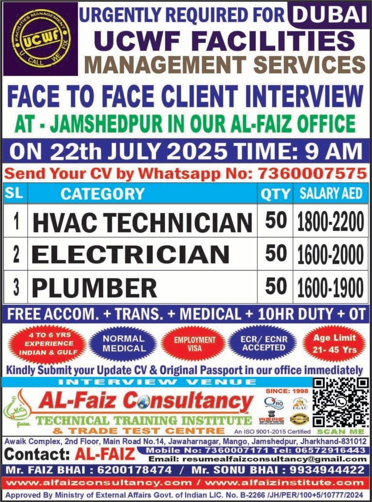 Urgent Requirement for UCWF CO DUBAI – Client Interview At Jamshedpur on 22 JULY 2025