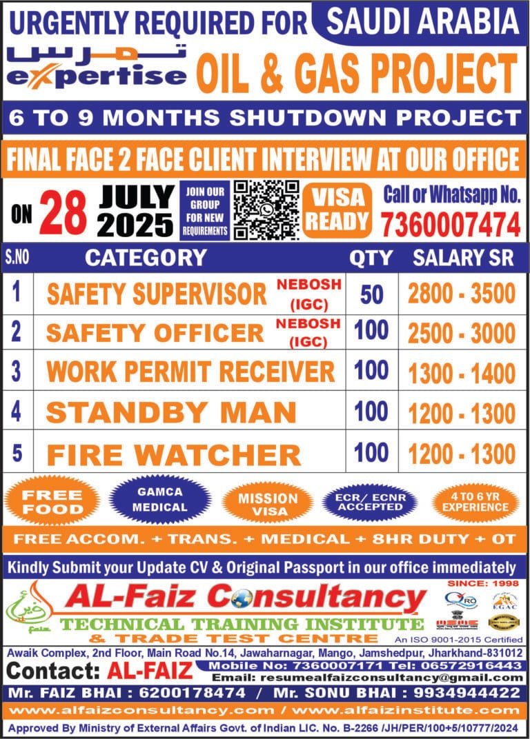 Urgent Requirement for EXPERTISE CO SAUDI ARABIA – Client Interview At Jamshedpur on 28 JULY 2025
