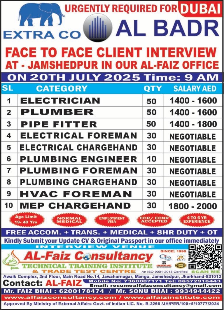 Urgent Requirement for EXTRA & AL BADAR COMPANY DUBAI – Client Interview At Jamshedpur on 20 JULY 2025