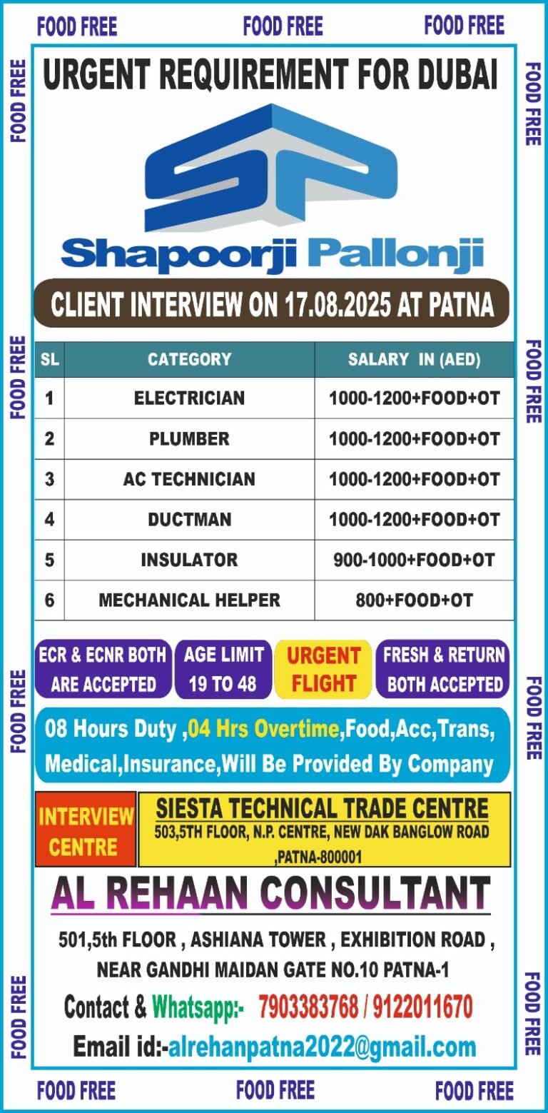 Urgent Requirement for DUBAI Al SHAPOORJI PALLONJI CO– Client Interview At Patna on 17 August 2025