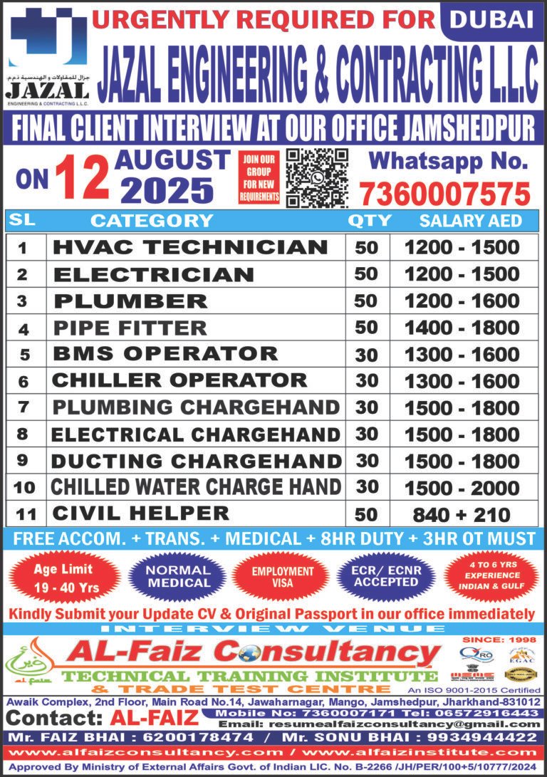 Urgent Requirement for JAZAL ENGINEERING CO DUBAI – Client Interview At Jamshedpur on 12 AUGUST 2025
