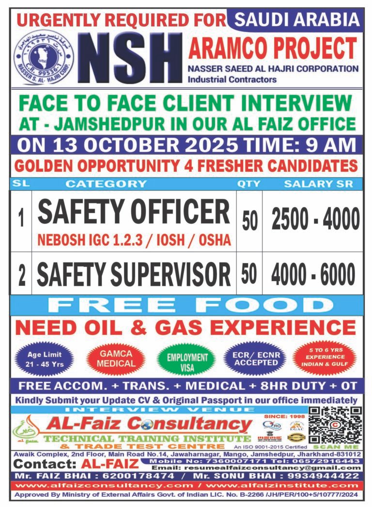 Urgent Requirement for SAUDI ARABIA NSH COMPANY – Client Interview At Jamshedpur on 13 OCTOBER 2025
