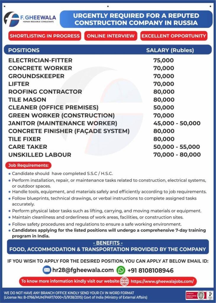 Overseas Assignment – Russia Construction Jobs | Assignment Abroad Times – 24 October 2025