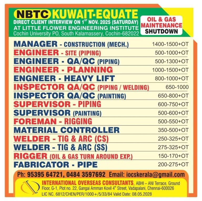 Assignment Abroad Times: NBTC Kuwait Equate Shutdown Jobs – Direct Interview in Cochin
