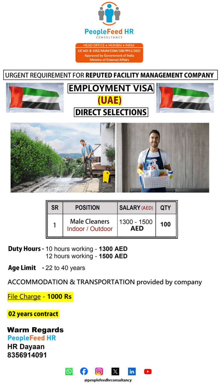 URGENT REQUIREMENT FOR REPUTED FACILITY MANAGEMENT :: MALE CLEANERS :: UAE :: EMPLOYMENT VISA