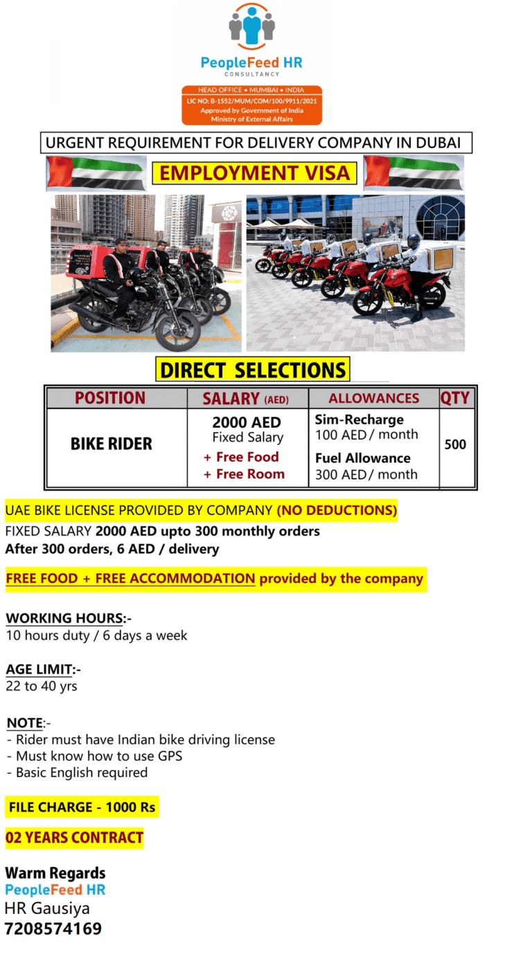 URGENT REQUIREMENT FOR LEADING DELIVERY COMPANY IN DUBAI :: BIKE RIDERS :: EMPLOYMENT VISA :: DIRECT SELECTIONS