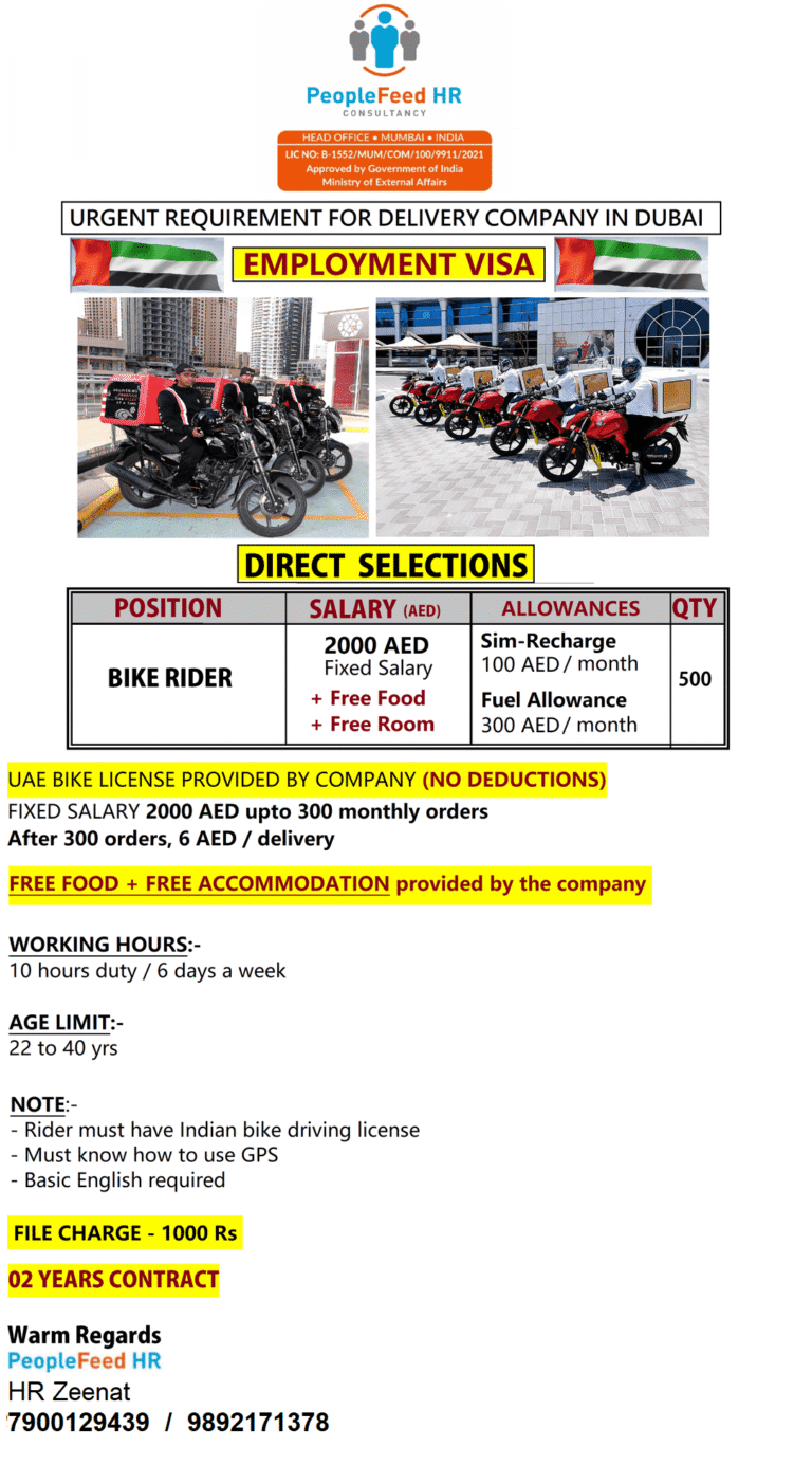 URGENT REQUIREMENT FOR LEADING DELIVERY COMPANY IN DUBAI :: BIKE RIDERS :: EMPLOYMENT VISA :: DIRECT SELECTIONS