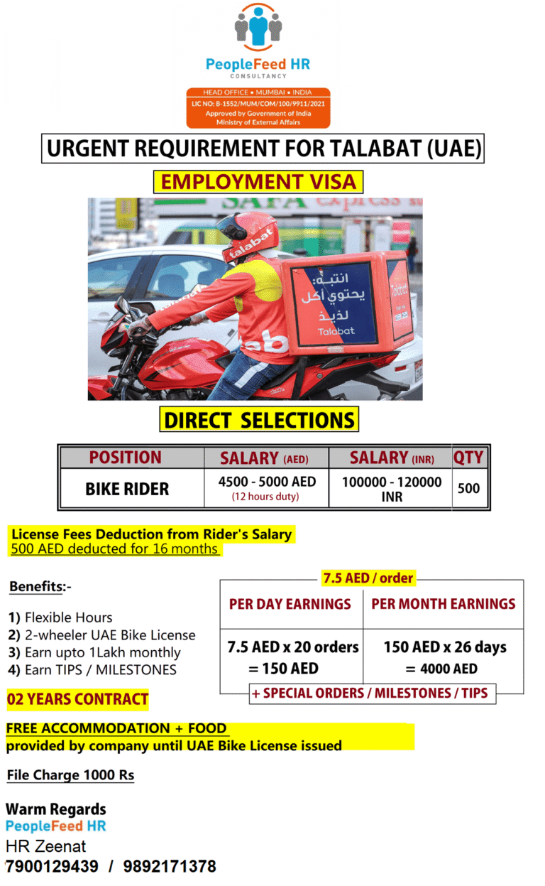URGENT REQUIREMENT FOR REPUTED DELIVERY COMPANY IN UAE :: LICENSE FEE DEDUCTION FROM SALARY :: EMPLOYMENT VISA