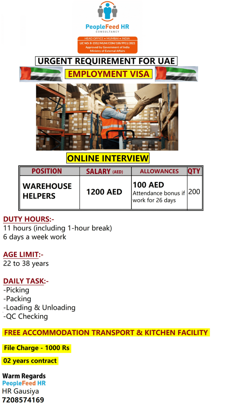 URGENT REQUIREMENT FOR UAE ::-:: WAREHOUSE HELPERS ::-:: EMPLOYMENT VISA ::-:: UAE