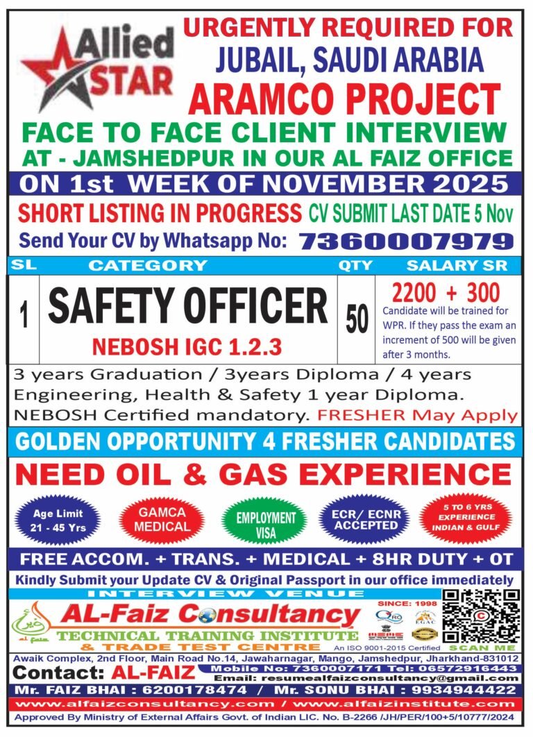 Urgent Requirement for SAUDI M/S ALLIED STAR COMPANY – Client Interview At Jamshedpur on 1ST WEEK OF NOVEMBER 2025