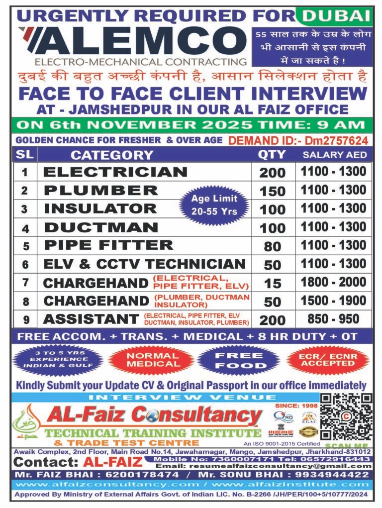 Urgent Requirement for DUBAI M/S ALEMCO COMPANY – Client Interview At Jamshedpur on 6 NOVEMBER 2025