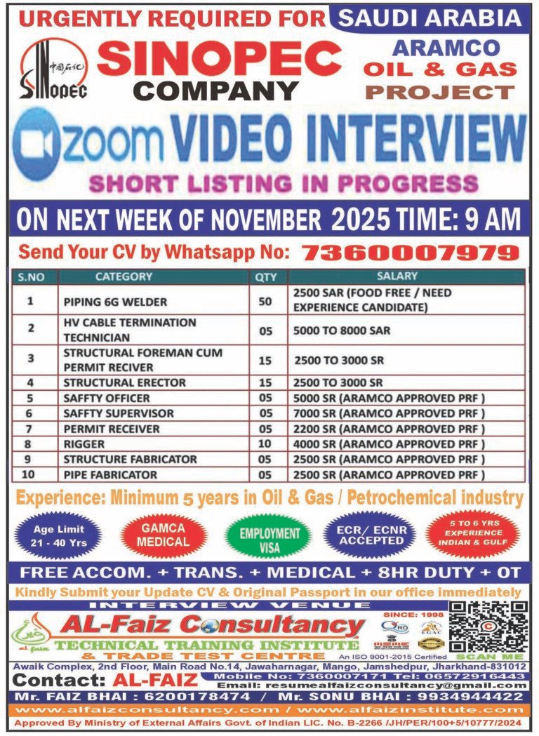 Urgent Requirement for SAUDI ARABIA M/S SINOPEC COMPANY – Client Interview At Jamshedpur on NEXT WEEK OF NOVEMBER 2025