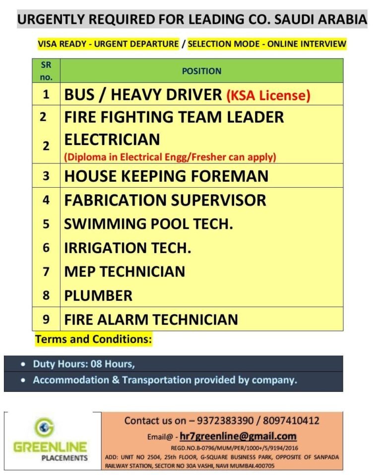 URGENTLY REQUIRED FOR REPUTED CO. KSA