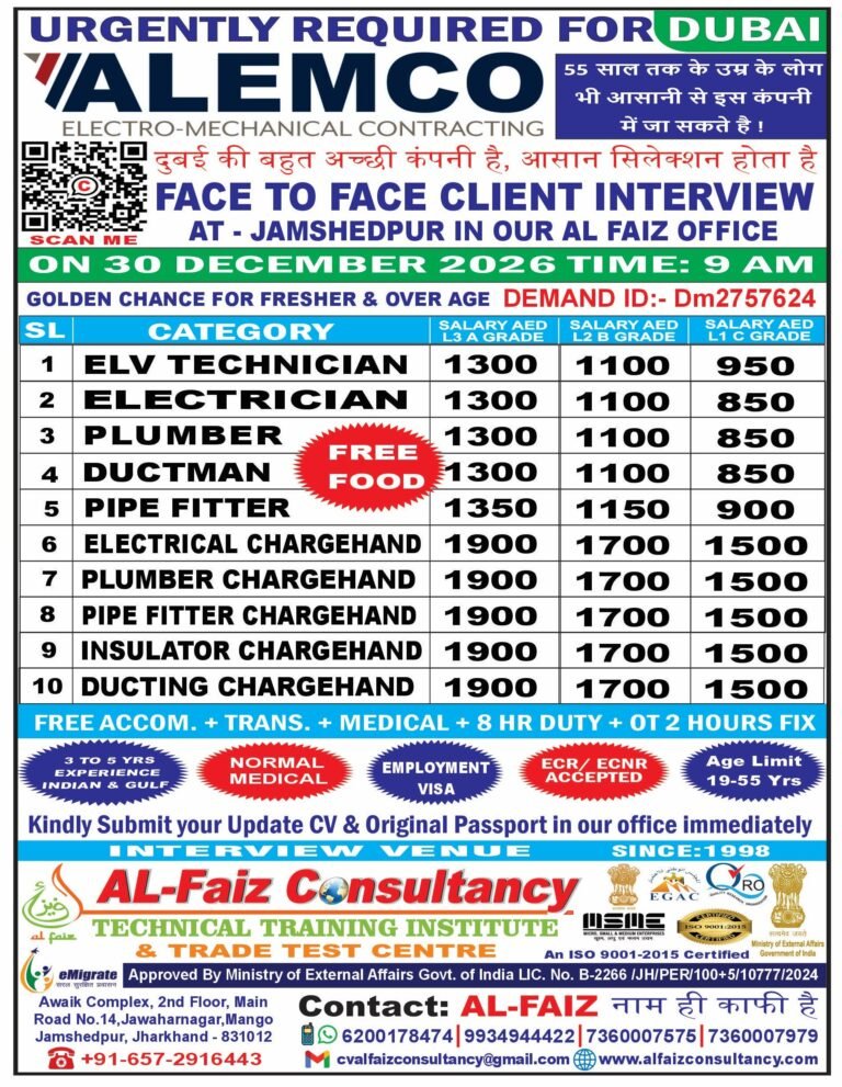 Urgent Requirement for DUBAI M/S ALEMCO COMPANY – Client Interview At Jamshedpur on 30 DECEMBER 2025