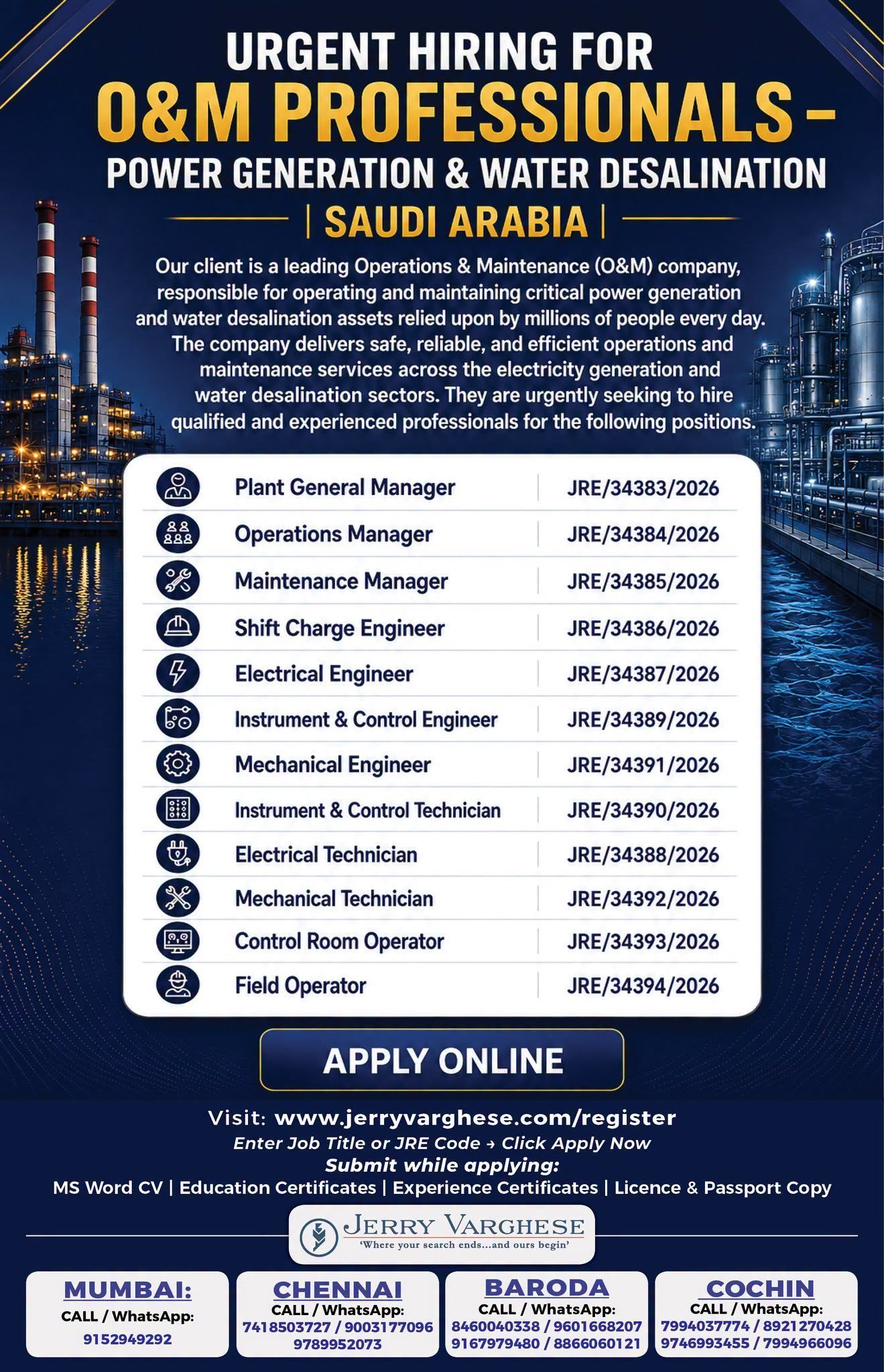 Urgent Gulf Job Vacancy: O&M Professionals Needed for Power & Water Plants in Saudi Arabia