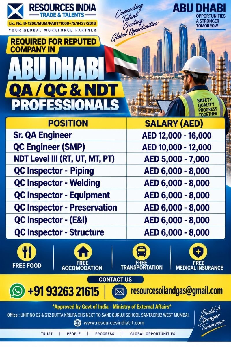 UAE and Abu Dhabi Gulf Job Vacancy: QA, QC & NDT Professionals Needed