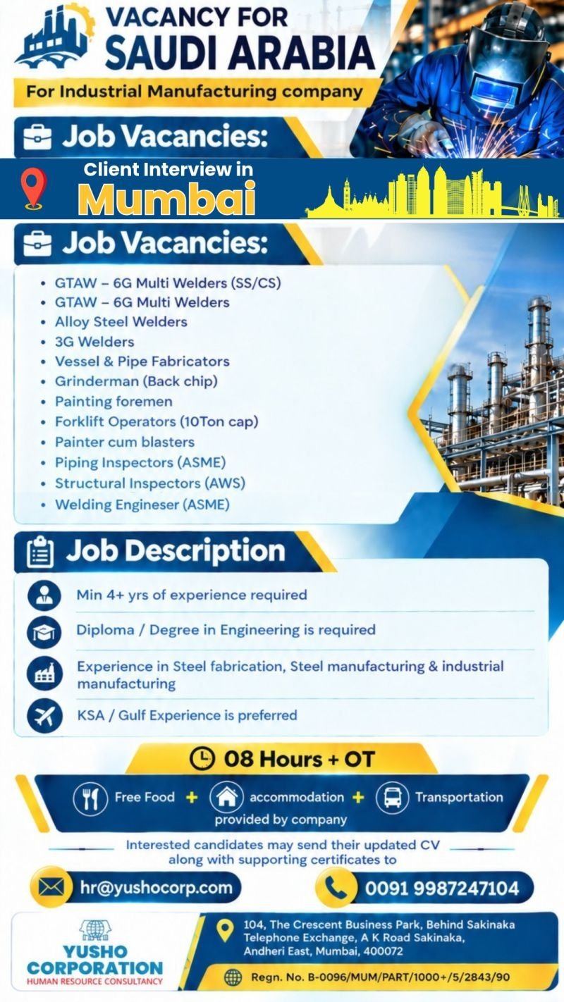 Gulf Job Vacancy: Saudi Arabia Industrial Manufacturing Company Hiring