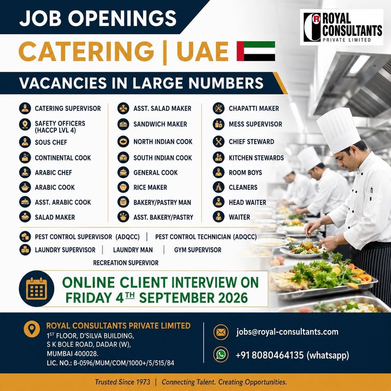 Urgent Gulf Job Vacancy in UAE for Catering Project via Royal Consultants
