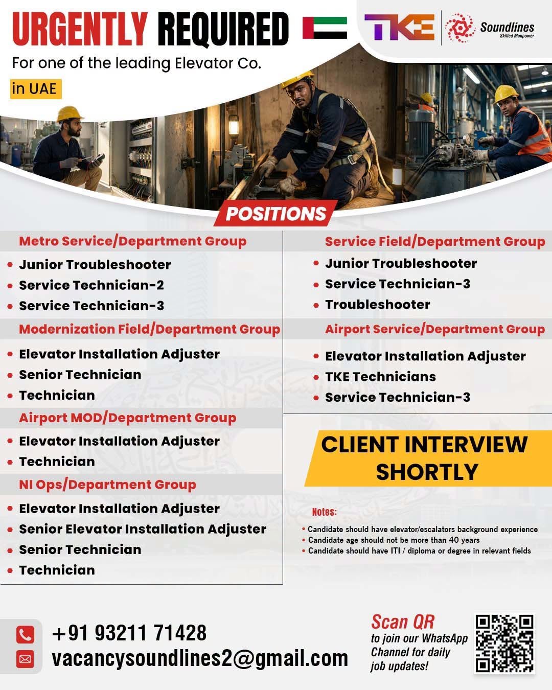 Urgent Gulf Job Vacancy: Leading Elevator Company in UAE via Soundlines