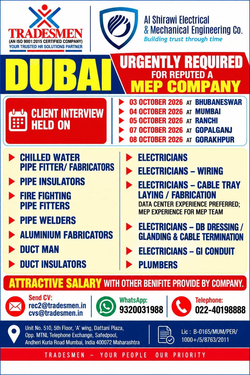 Gulf Job Vacancy: Urgent Recruitment for Leading MEP Company in Dubai
