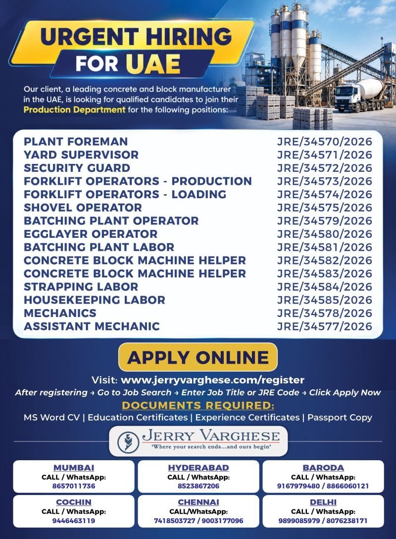UAE Concrete and Block Manufacturing Company Urgent Recruitment via Assignment Abroad Times