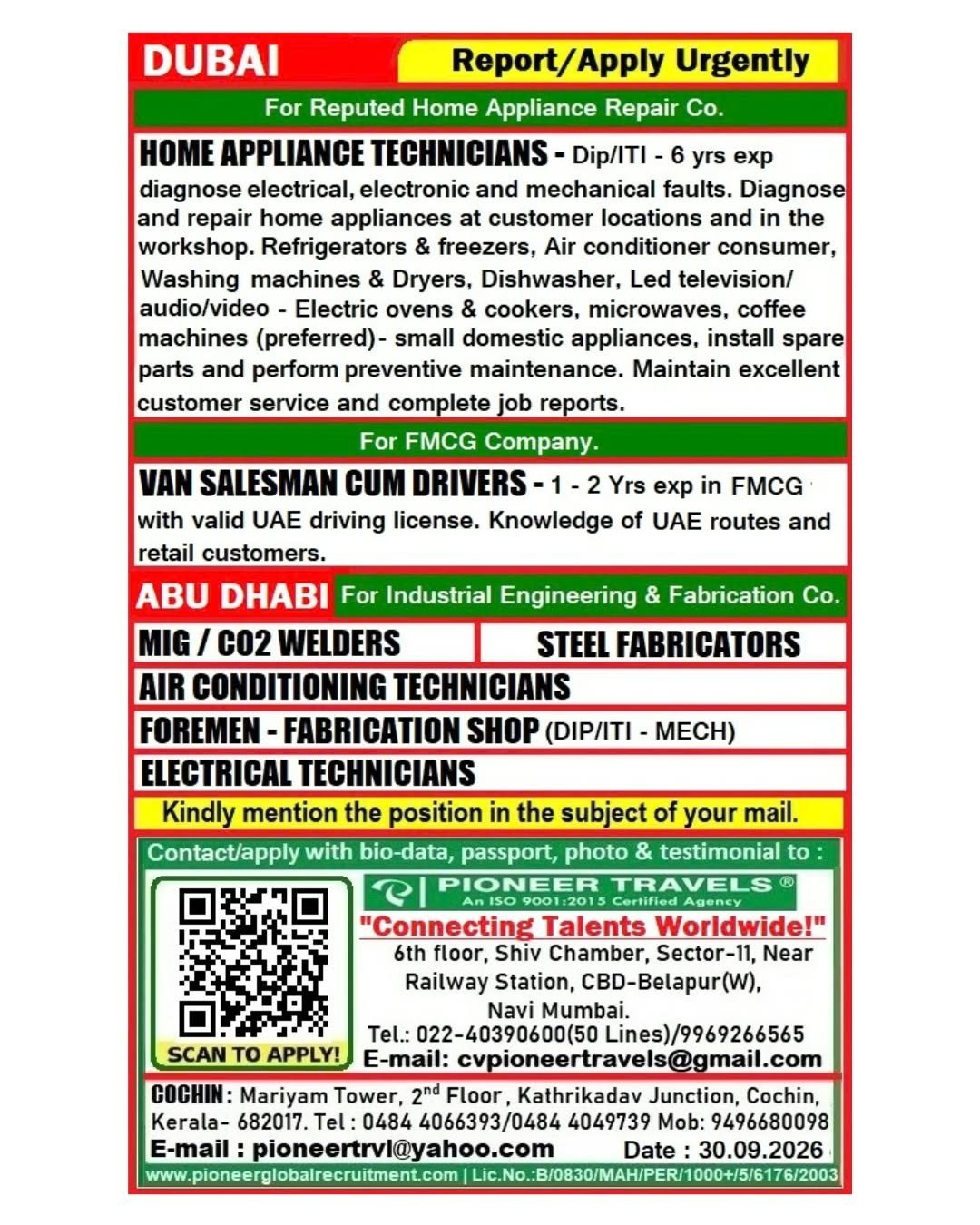 Urgent Gulf Job Vacancy for Abu Dhabi and Dubai: Pioneer Travels Recruitment